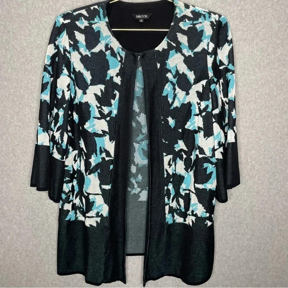 Misook Fly-Away 3/4 Sleeve Abstract Print Open Front Sweater Jacket